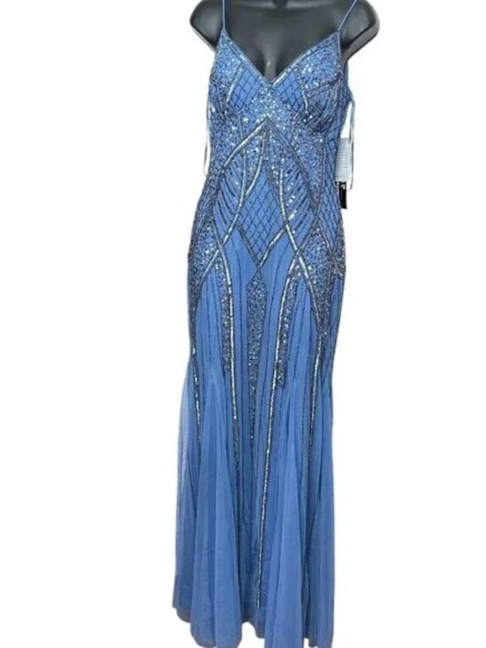 Jump Apparel Dresses & Skirts - Jump Apparel Blue Beaded Dazzling Sequin Spaghetti Strap Gown Women’s Size 9/10